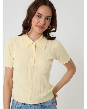 Threadbare Pointelle Knit Scalloped Polo Collar Top - Natural