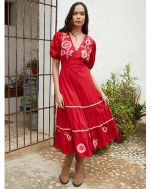 ANOTHER SUNDAY Puff Sleeve 100% Cotton Embroidered Tiered Midi Dress - Rot