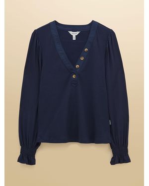 Joules Eloise Ribbed Cotton Rich Jersey Top With Viscose Sleeves - Blue