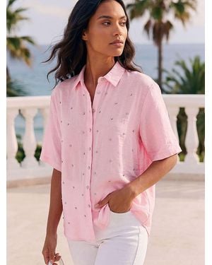 Roman Rhinestone Button Detail Collar Blouse - Pink