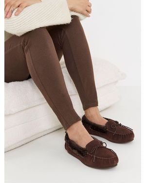 JD Williams Wide Fit Classic Suede Moccasin Slippers - Brown