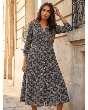Roman Printed V-Neck Midi Dress - Black
