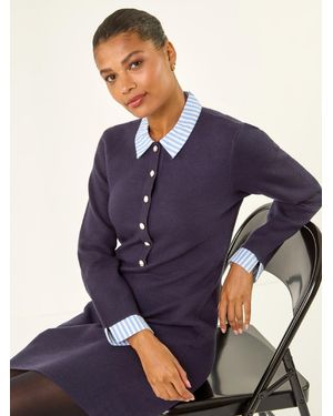 Roman Stripe Collar Buttoned Knit Dress - Blue