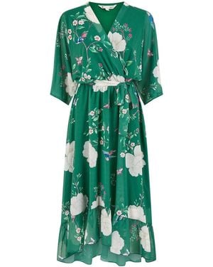 Yumi' Bird And Floral Print Midi Wrap Dress - Green