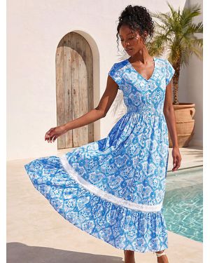 Roman Tile Print Shirred Waist Midi Dress - Blue