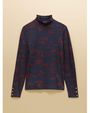 Joules Amy Western Long Sleeve High Frill Neck Jersey Top - Blue