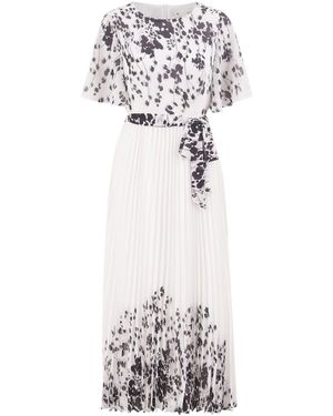 Yumi' Mirror Floral Design Pleated Midi Dress - White