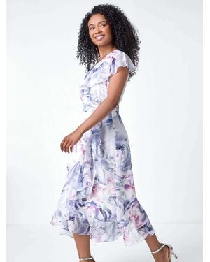 Roman Petite Floral Print Wrap Frill Midi Dress - White