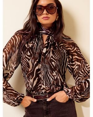 Friends Like These Animal Chiffon High Neck Long Sleeve Blouse - Brown