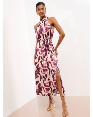 Lipsy Printed Halter Neck Ruched Sleeveless Midi Dress - Pink