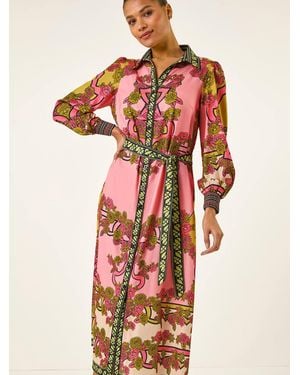 Roman Floral Print Border Shirt Midi Dress - Red