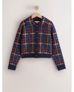 Next Multi Check Knitted Collar Cardigan With Wool - Blue