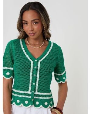 Threadbare Crochet Flower Hem Button Up Top - Green