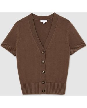 Reiss Anya V-Neck Short-Sleeve Cardigan Cotton-Wool - Brown