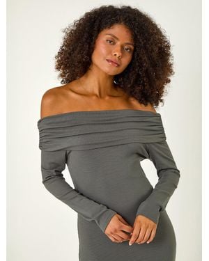 Roman Off The Shoulder Stretch Bardot Midi Dress - Gray