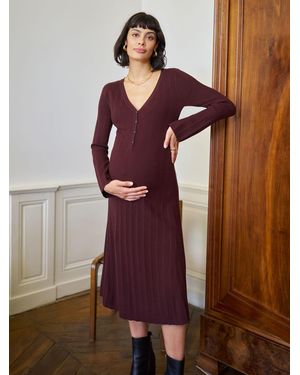 Seraphine Chocolate Midi Maternity V-Neck Rib Knit Midi Dress - Brown