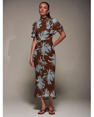 Jolie Moi High Neck Angel Sleeve Chiffon Maxi Dress - Brown