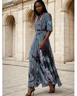 Religion Short Sleeved Diana Maxi Tea Dress With Large Rose Placement Print - Blue