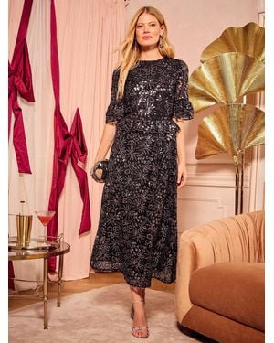 Love & Roses Sequin Lace Midi Dress - Metallic