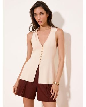 Lipsy Collared V-Neck Peplum Knit Waistcoat - Natural