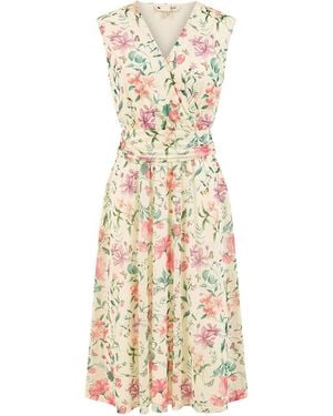 Yumi' Floral Print Mesh Stretch Midi Dress With Pockets - White