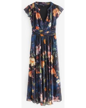 Next Pleated Mesh V-Neck Occasion Maxi Dress - Blue