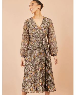 Yumi' Ditsy Floral Pleated Midi Dress - Natural
