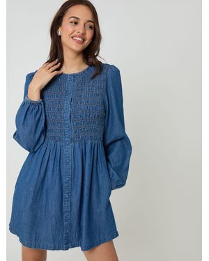 Threadbare Shirred Denim Button Up Mini Dress - Blue