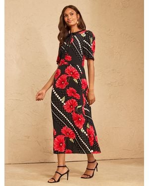 Love & Roses Love & Roses Animal Print Tie Neck Midi Tea Dress - Black