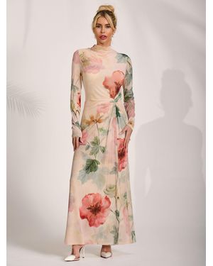 Jolie Moi High Neck Long Sleeve Mesh Maxi Dress - Pink