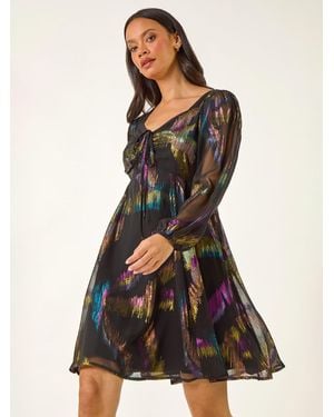 Roman Foil Print Tie Dress - Black