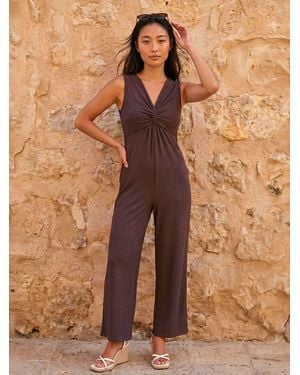 Roman Petite Front Twist Textured Jumpsuit - Brown