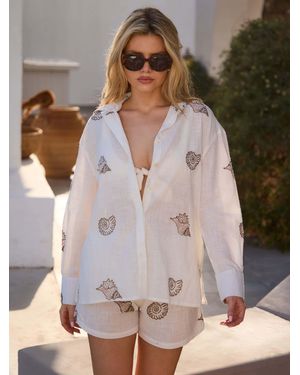South Beach Sequin Embroidered Shell Beach Shirt - White