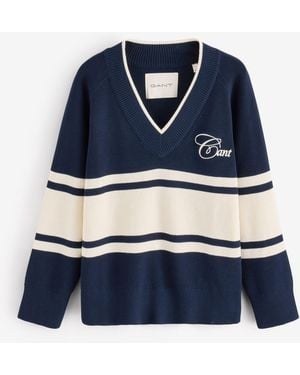 GANT Varsity Block Stripe Knit V Neck Knit Sweater - Blue
