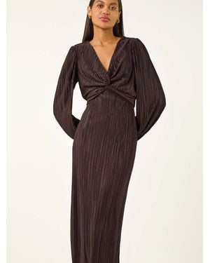 Roman Plisse Twist Front Midi Dress - Brown