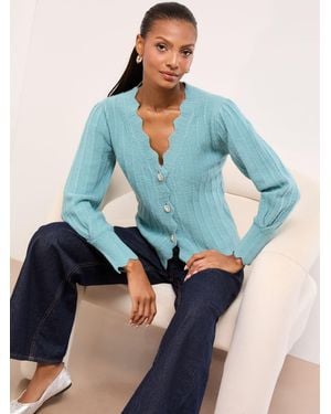 Lipsy Knitted Scallop Trim V-Neck Embellished Button Cardigan - Blue
