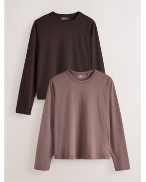 Next Cream/Mauve/Chocolate Long Sleeve Crew Neck T-Shirts 3 Pack - Brown