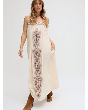 Raffya Sapphire Spaghetti Strap Embroidered Maxi Dress - Natural