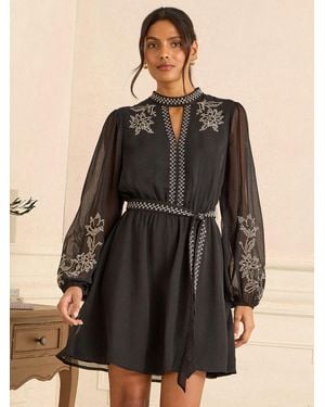 Love & Roses Petite Embroidered High Neck Mini Dress - Natural