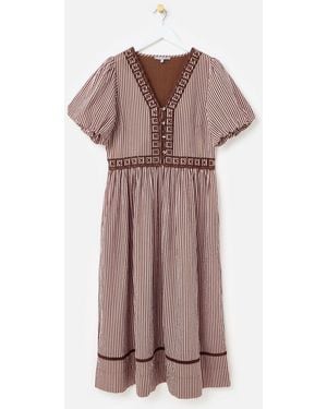 Oliver Bonas Striped Seersucker Puff Sleeve Midi Dress - Pink