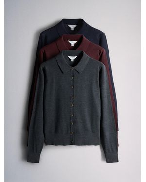 The Set 3 Pack Collared Cardigan With Wool Charcoal//Bugundy - Black