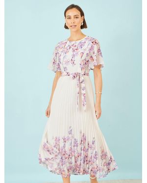 Yumi' Mirror Floral Design Pleated Midi Dress - White