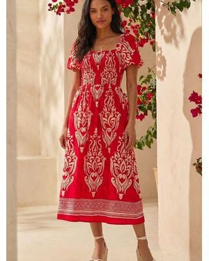 Roman Puff Sleeve Midi Dress - Red