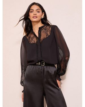 Friends Like These Long Sleeve Lace Shirred Cuff Button Front Blouse - Black