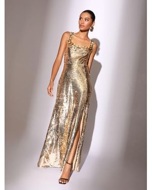 Lipsy Petite Premium Flower Trim Sequin Square Neck Maxi Dress - Black