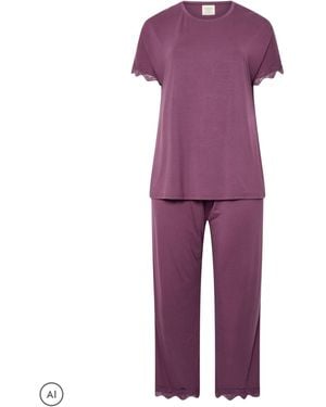 Evans Lace Trim Short Sleeve & Wide Leg Pants Pajamas Set - Purple