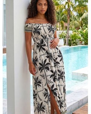 Roman Palm Bardot Midi Dress - White