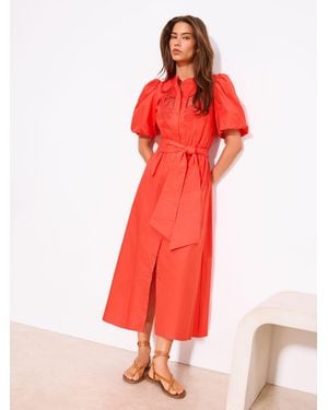 Lipsy Cutwork Pattern Puff Sleeve Belted Buttoned Midi Dress - Red