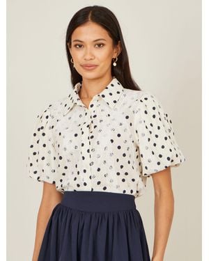 Yumi' Polka Dot Lace Boxy Shirt - White