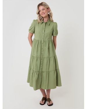 Threadbare Denim Puff Sleeve Shirt Dress - Green